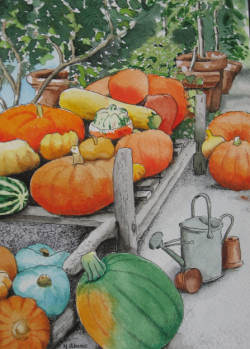 Painting of squashes and autumn fruits by Neil Adams